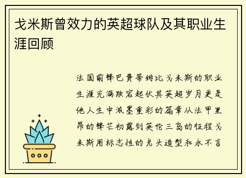 戈米斯曾效力的英超球队及其职业生涯回顾