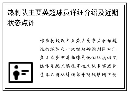 热刺队主要英超球员详细介绍及近期状态点评
