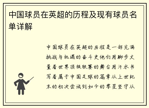 中国球员在英超的历程及现有球员名单详解